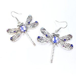 New / Handcrafted - Purple Jeweled Dragonfly Silver Tone Fishhook Earrings